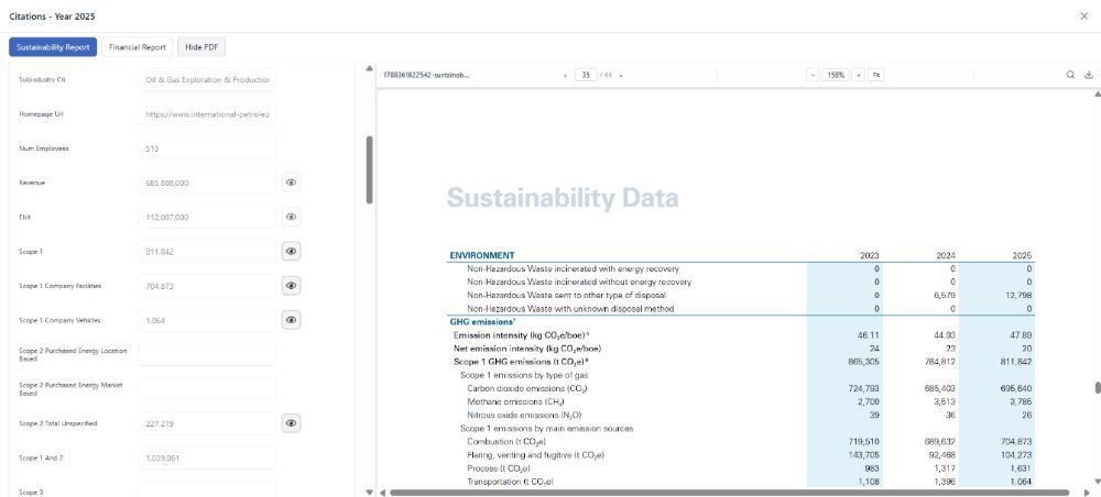 Citations view linking each ESG value to its source document