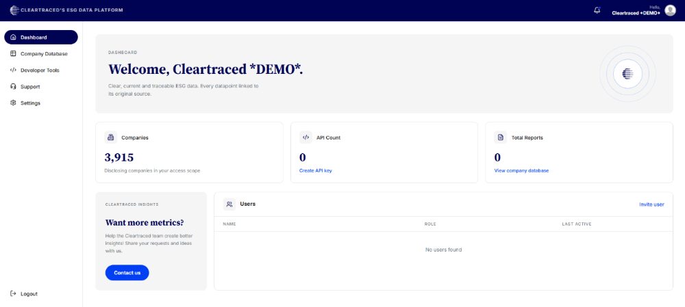 Cleartraced ESG data platform dashboard