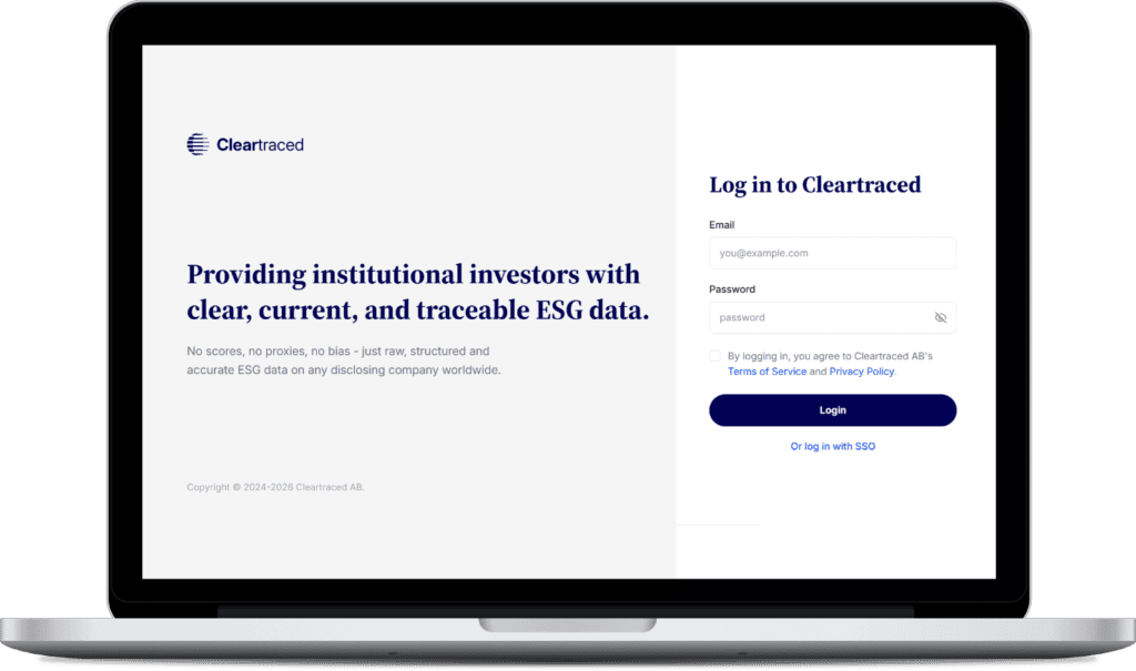 Cleartraced ESG data platform shown on a laptop
